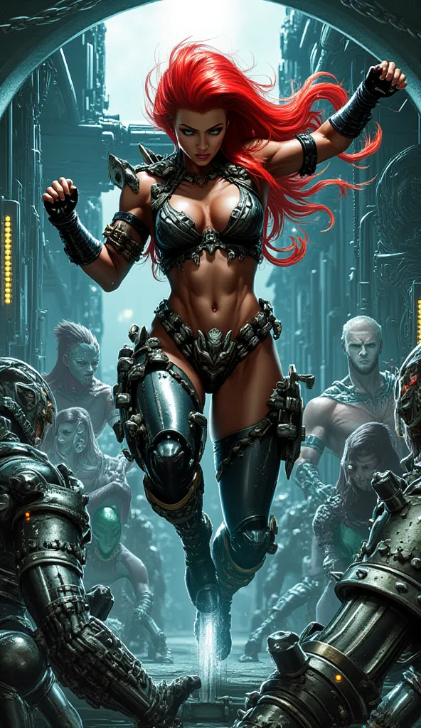 Ultra detailed 2D portrait of thicc4ftdwarf as a  muscular female bodybuilder, age 22, with striking long red hair styled in a dramatic mohawk with shaved sides. She wears an intricate, form-fitting black bikini armor with metallic accents and sharp geomet...