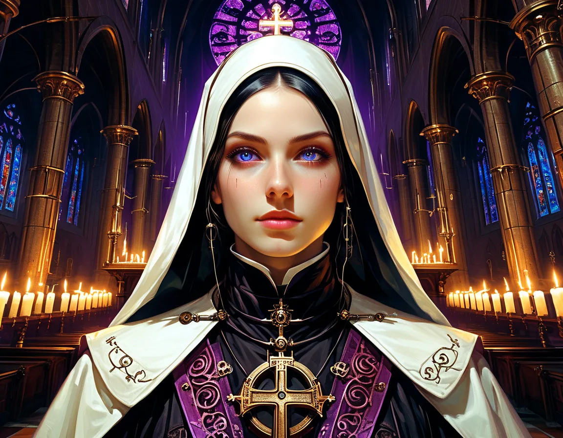  a picture of a steampunk nun in a church, epic beautiful human woman (best details, Masterpiece, best quality), ultra detailed face (best details, Masterpiece, best quality), black hair, blue eyes, pale skin, intricate white nun habit, (best details, Mast...