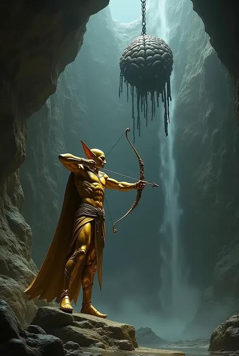 Golden statue of a male elf shooting an arrow with a bow at a Black Brain chained to the ceiling. cave. Dark Cataract. 