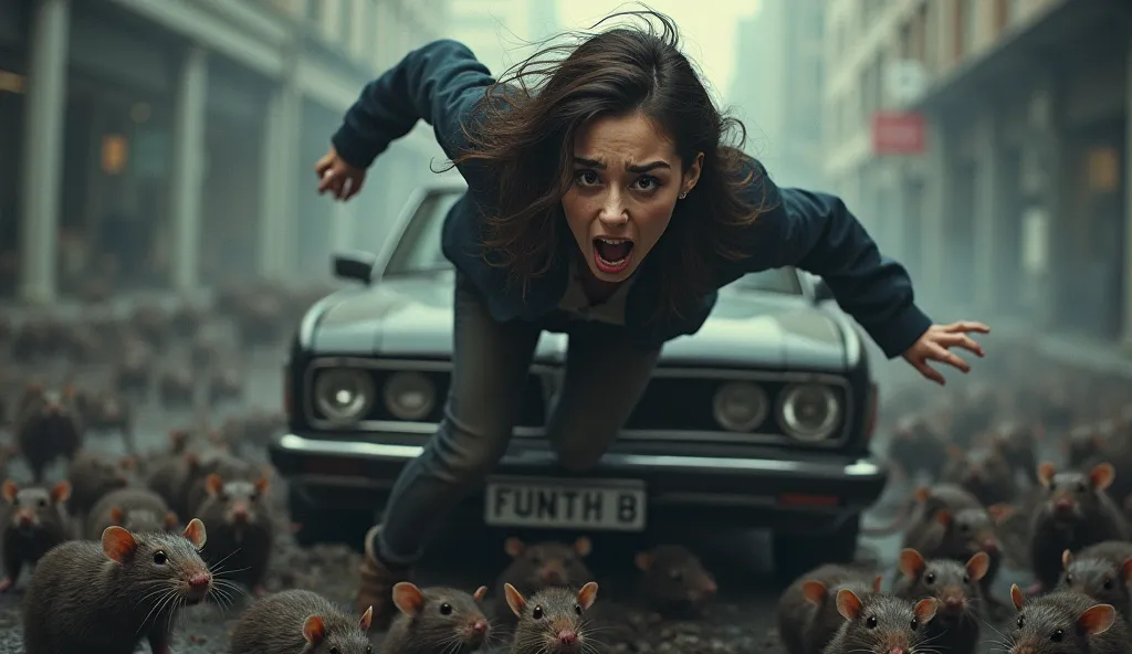 A woman screams in fright while standing on the hood of a car while a lot of rats are running around in the bottom.