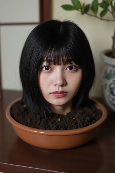 A high resolution photograph of the disembodied head with neck of a young Japanese woman, burried in the soil of a bonsai pot on a table in a traditional Japanese house. No part of her body is visible below the shoulders. She has short black bob hair with ...