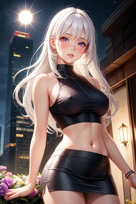 realistic, 1girl, white hair, purple eyes, glowing eyes, crop top, skirt, parted lips, blush, night, flowers, sun, sunlight,