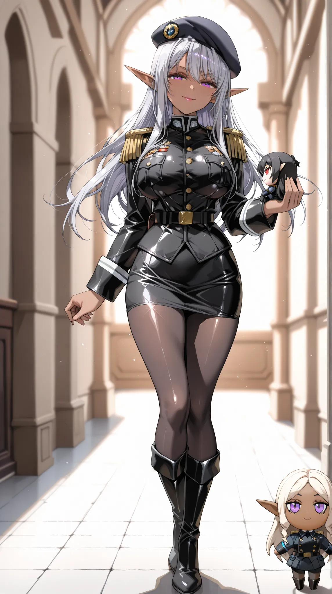 1 mature beautiful dark elf woman,(incredible high resolution, masterpiece, top quality, highly detailed, CG, high quality anime drawing),(female cavalry officer, black latex military uniform with epaulettes:1.3, beret, pencil skirt, body stocking, black t...