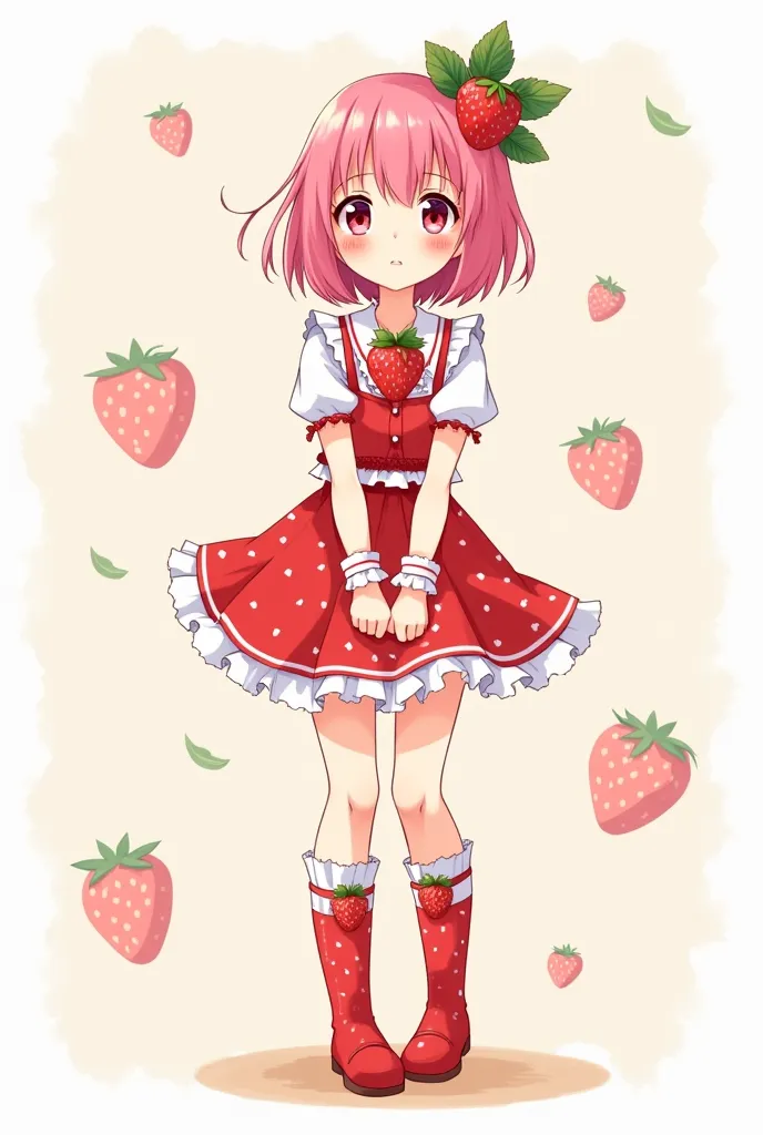 cute girl drawn as if on a piece of paper.anime cartoon style.strawberry outfit full length visible outfit.short skirt,gaiters,strawberry topping,pink hair,но она секси