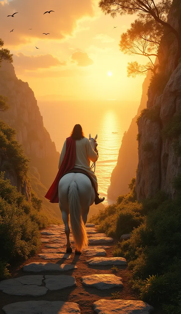 A majestic and inspiring scene of Jesus seen from behind, riding a mighty white horse towards the golden sun on the horizon. He follows a mountain with ancient stone stairs, high and serene, ultra-realistic in detail of the trees, shadows and horse's fur. ...