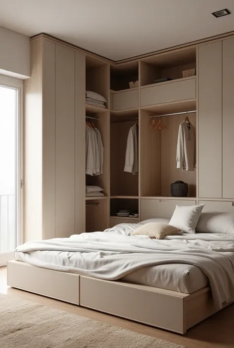 A bed with built-in closet and drawers 