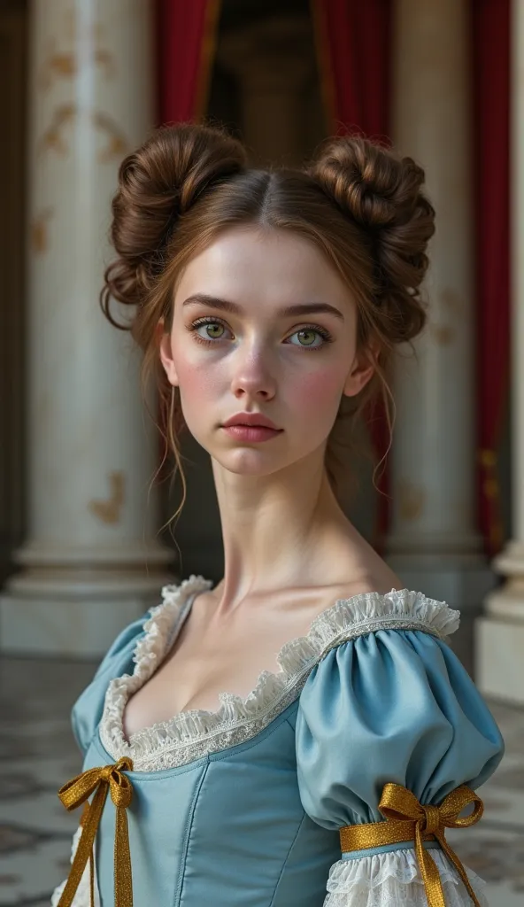  hyperrealistic portrait , 4K, by Carlota Joaquina at , Like a , one with large brown eyes and expressive, And a suspicious countenance. Her light brown hair is tied in curls adorned with gold bows. She wears a light blue dress with puffy sleeves and lace,...