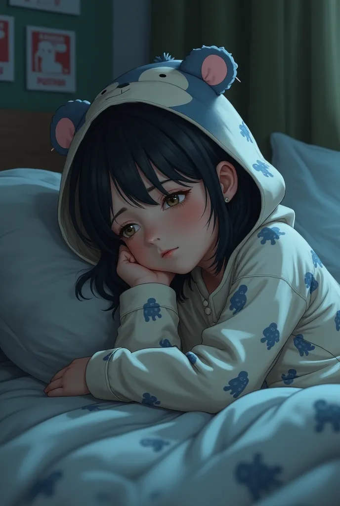 Emo elementary school girl in gorilla pajamas sleeping in bed