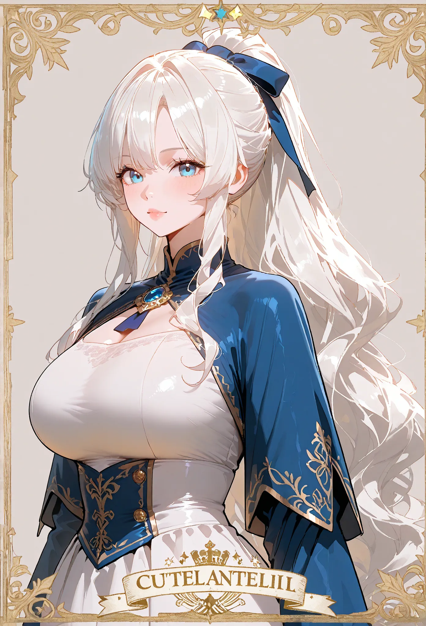 Girl, long white hair, wavy hair, blue eyes, large breasts, blue medieval dress, concept art, cute face, ponytail, blue ribbon in her hair, looking at viewer
