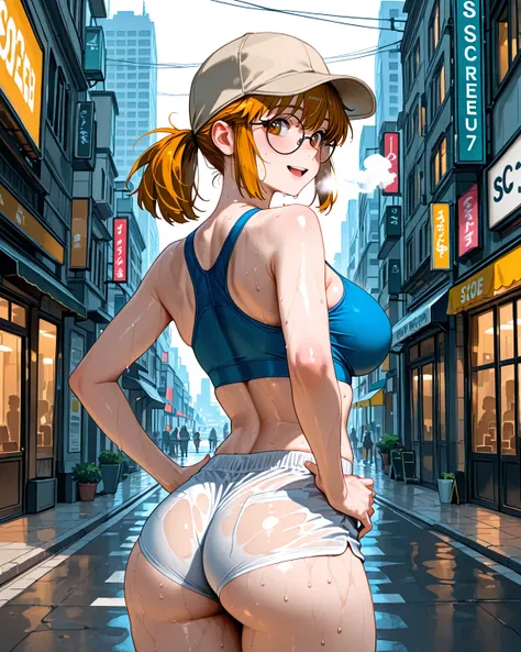 score_9, score_8_up, score_7_up, from front , solo, 1girl, fio germi, sweat, light smile, looking back, hands on own hips, blonde, round eyewear, glasses, blue sports bra, white shorts, short shorts, large breasts, ass, outdoors, city street, open mouth, o...