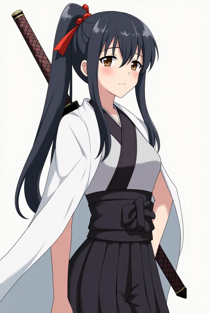 Generate a semi-nude image of Kanao Tsuyuri , A character from Demon Slayer . She has long dark hair, tied in a ponytail with a red ribbon. Her uniform is that of a demon hunter, with a white cape and a dark-colored haori. Besides, she wears a nichirin swo...