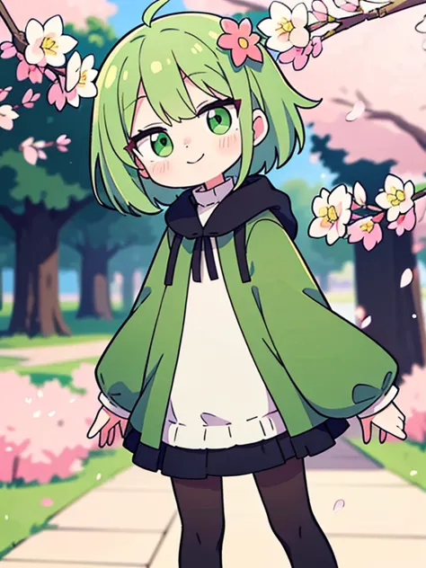 High resolution, angle of view from up to the knee, 1 person, round face, short hair, stupid hair, Bobby, green eyes and hair_ornament, green hair standing, spring, blurred cherry blossom tree background, black tights, green poncho, fluffy poncho, wool, sm...