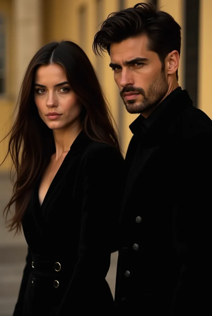   A beautiful woman with long dark hair,  delicate and innocent face,  dark clothes,  walking beside a handsome man , with dark hair and thin dark facial hair,  Penetrating look ,  dark clothes, a black and gold background  