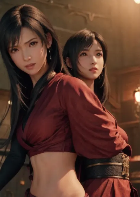 Create an image of Tifa Lockhart. she has beautiful eyes. She wears a red outfit that flows elegantly around her.  Your hair is long and black . ninja, kimono,  kimono, swordsman. The background is dark and dark, reminiscent of the Castlevania sky, with he...