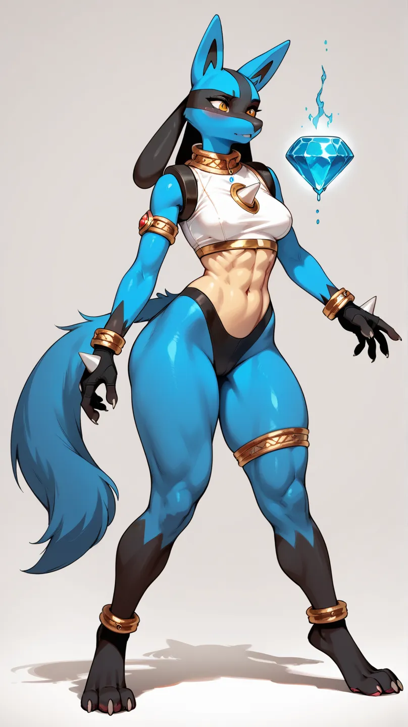 
Pokémon Lucario, with anthropomorphic characteristics/humanoid female female, 180 cm tall , slim body with curves and exaggerated proportions: torso 55 inch wide, waist 16 inches wide, hips 66 inches wide and thick thighs 40 inches wide.


All its body is...