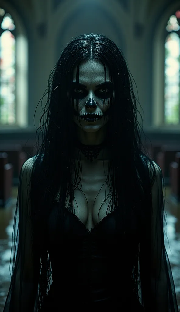 female skull with long black hair, terrifying face, black wedding dress, wet, church hall, illuminated by moonlight coming through the windows, cinematic, horror movie, masterpiece, beautifully terrifying image   