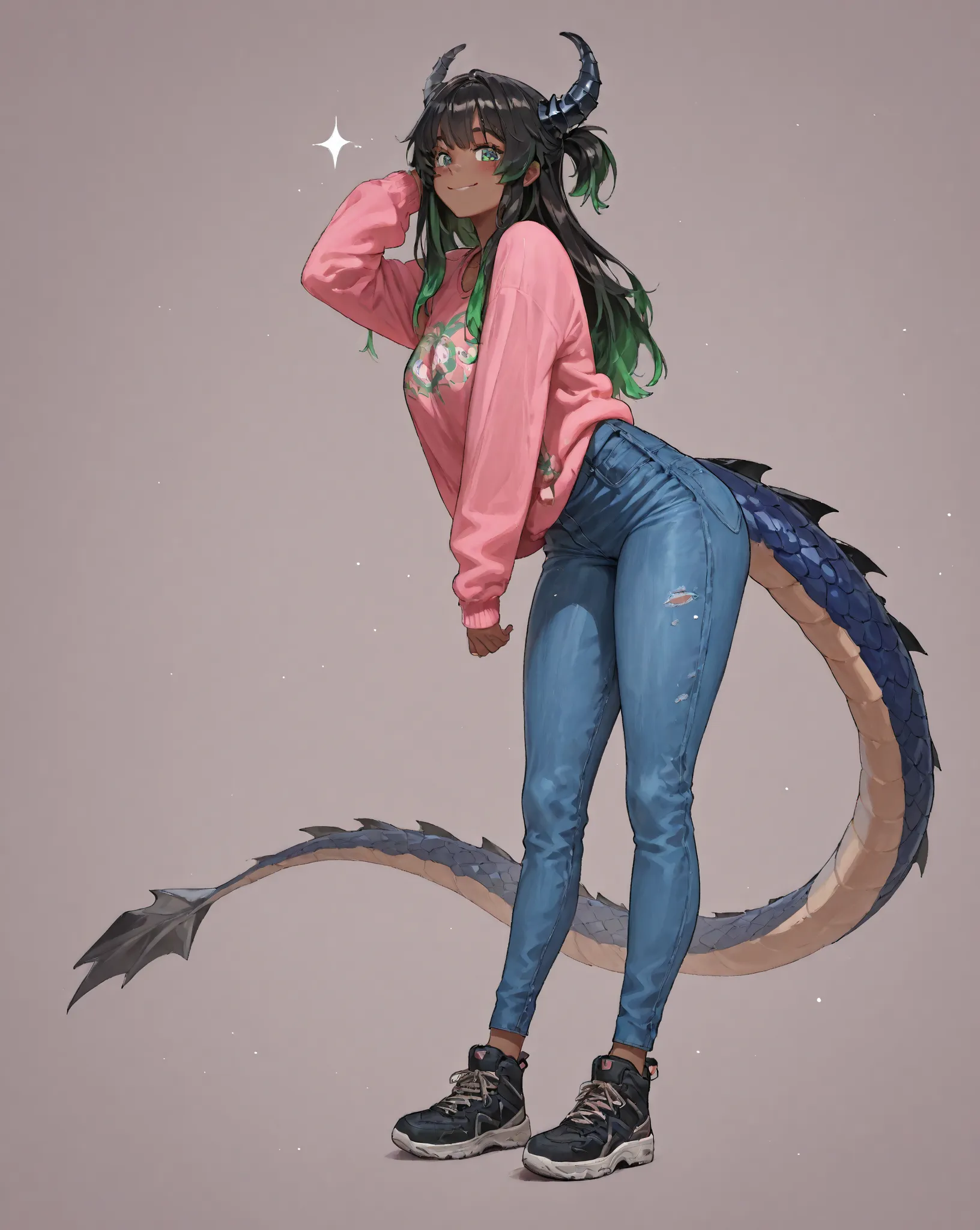 1girl, Solo, High Resolution, Long Hair, Smile, Black Hair, White streak on right side of Hair, Caramel Skin tone, Blue and Green eyes, Mexican skin, Black Horns, Black Dragon tail, Latina, Pink Sweater, Blue Jeans, Black Sneakers,