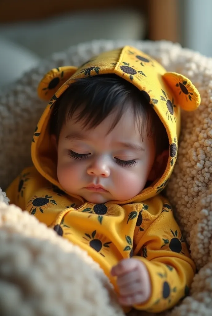 Emo baby wearing a sunflower hoodie sleeping in bed