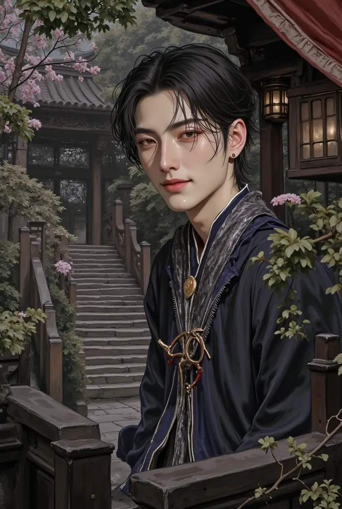 (masterpiece), (best quality), 1man, solo, male, middle part hair, long black hair, dreamy eyes, smiles, (strong, well-defined, chiseled jawline), (prominent, slightly pointed chin), muscular, ancient Chinese, ancient, dull, forehead, majestic, aesthetic, ...