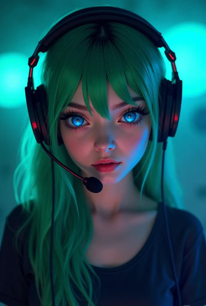 gamer girl green hair blue eyes headset