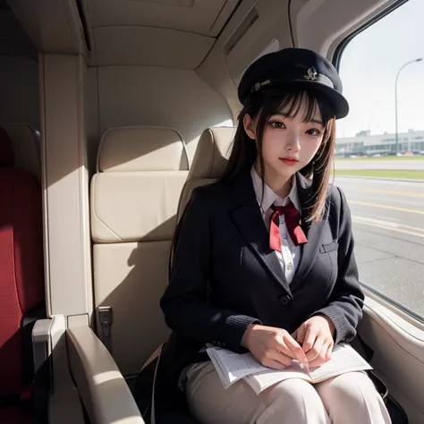 I can see airplanes from the window at the airport。1 is a male English teacher。180cm。intelligent handsome。 shirt、sweater、Coat and the other one is a female cabin attendant。160cm。 Neat beauty 。cabin attendant uniform。hat。The two reunite after s and fall in ...