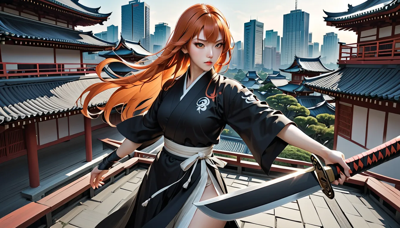 (masterpiece, ultra detailed,best quality,(((SIMPLE BACKGROUND))),Create a realistic image of Kurosaki Ichigo from Bleach as a woman. Perfect hands ans eyes. She should have bright orange hair styled like Ichigo's, with a determined and intense expression....