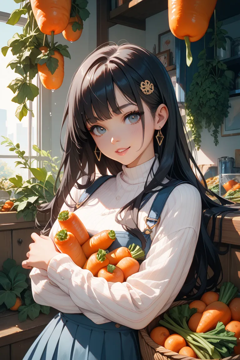 black hair long hair　girls　Bring vegetables