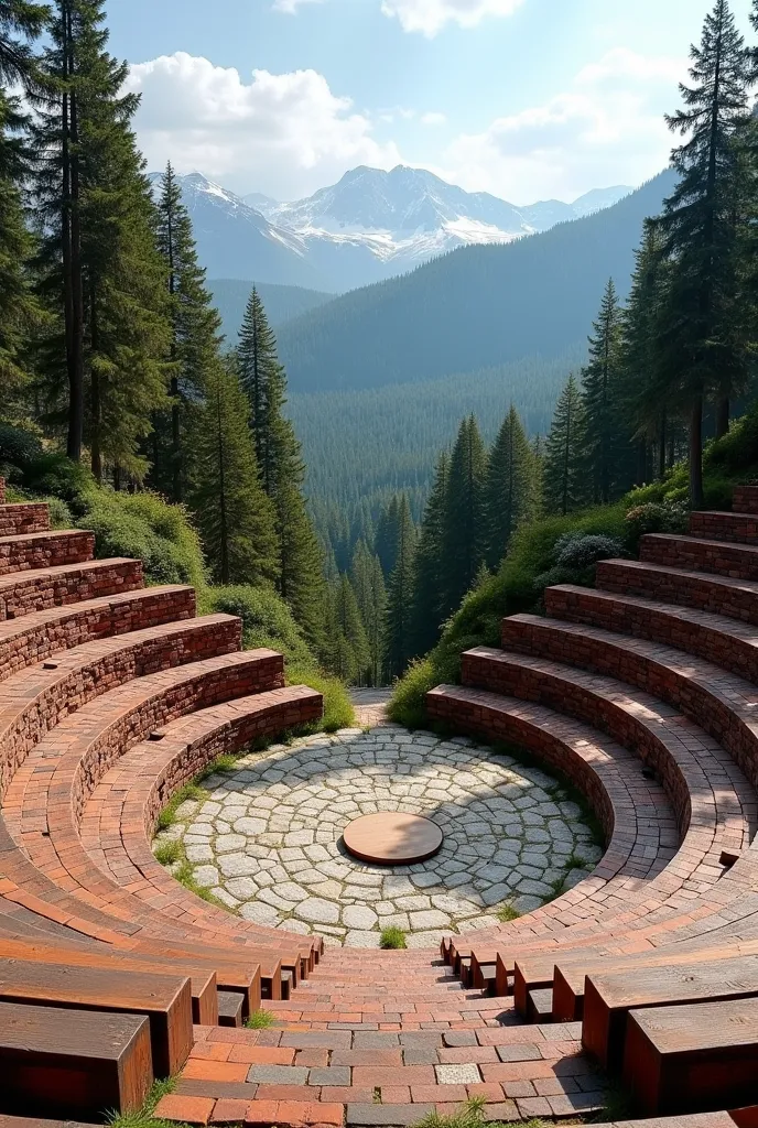 I want a photograph of an amphitheater in the middle of a mini-forest, An amphitheater is a set of semicircular stands, made of wood and brick, It's a grandstand,  Codominance , There are 6 bleachers, is 1 meter wide, That will be made of brick, and the ce...