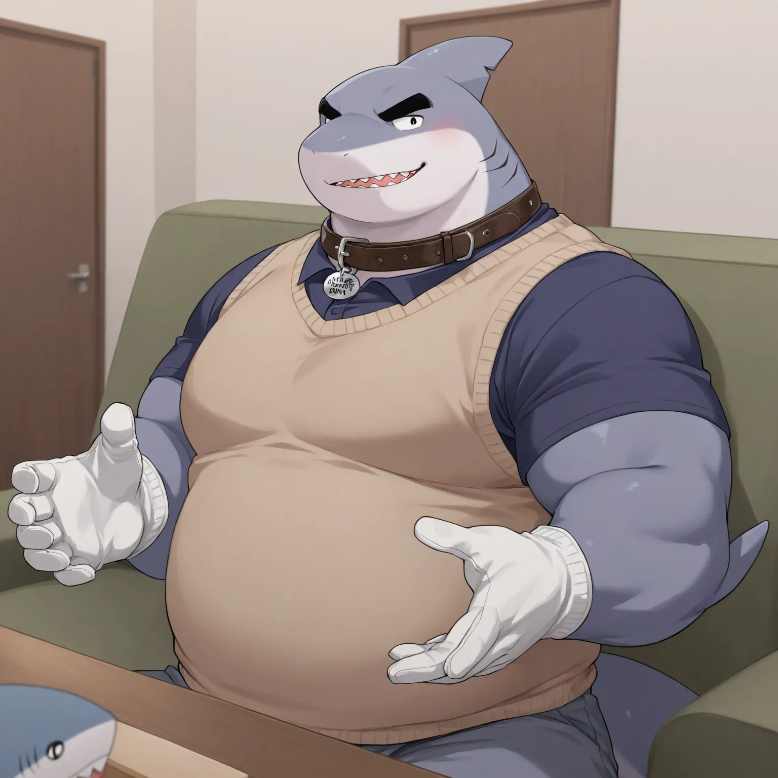 High Quality, Male, Shark, Anthro(Shark),Chubby,(Black eyebrows:1.1),(Perfect eyes),Smooth Skin，（artist:Takemoto Arashi），Living Room background，claw，（Sweater-vest:1.3）。Wearing a Leather collar around his neck. Wearing fancy white gloves on his hands, fancy...