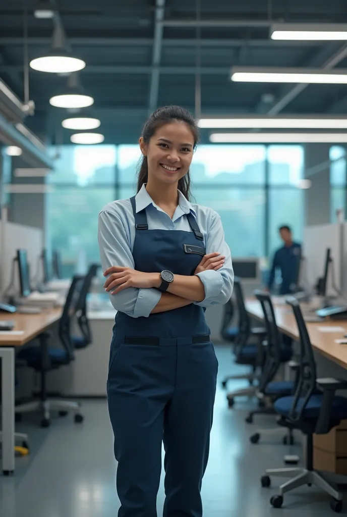 Now a single person working in the same place but now it looks clean and he's not tired and he's wearing a uniform 