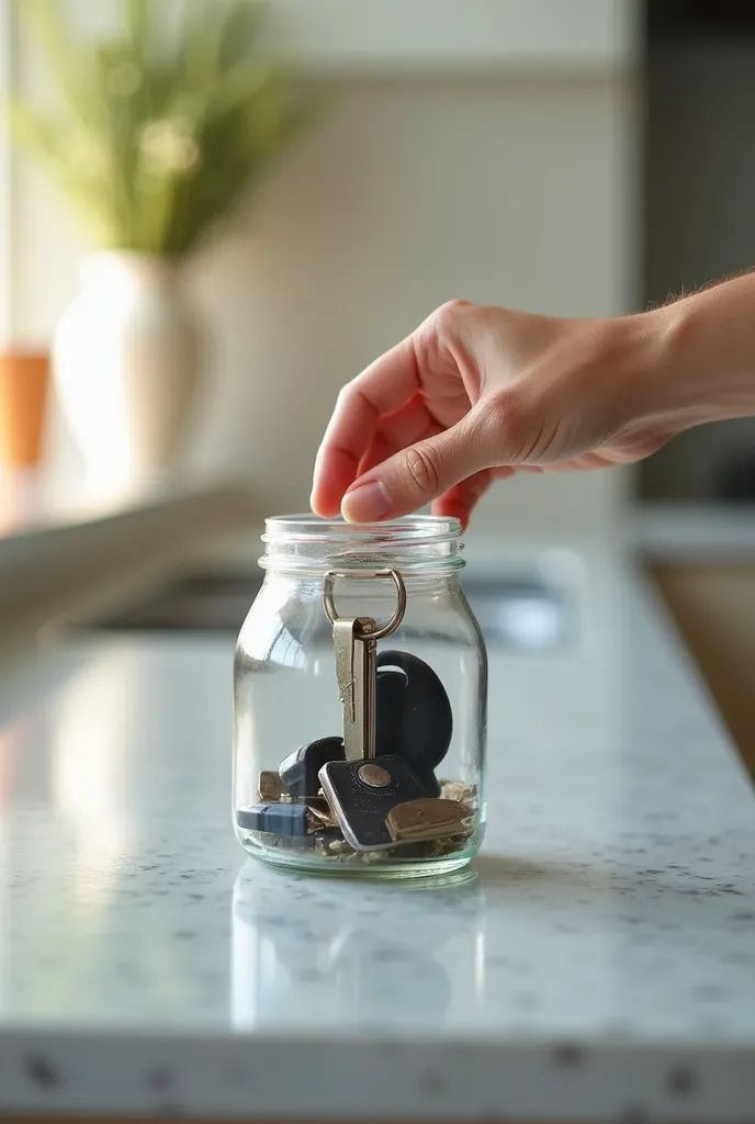 a hand picking up car keys in a glass jar that is on top of a kitchen countertop