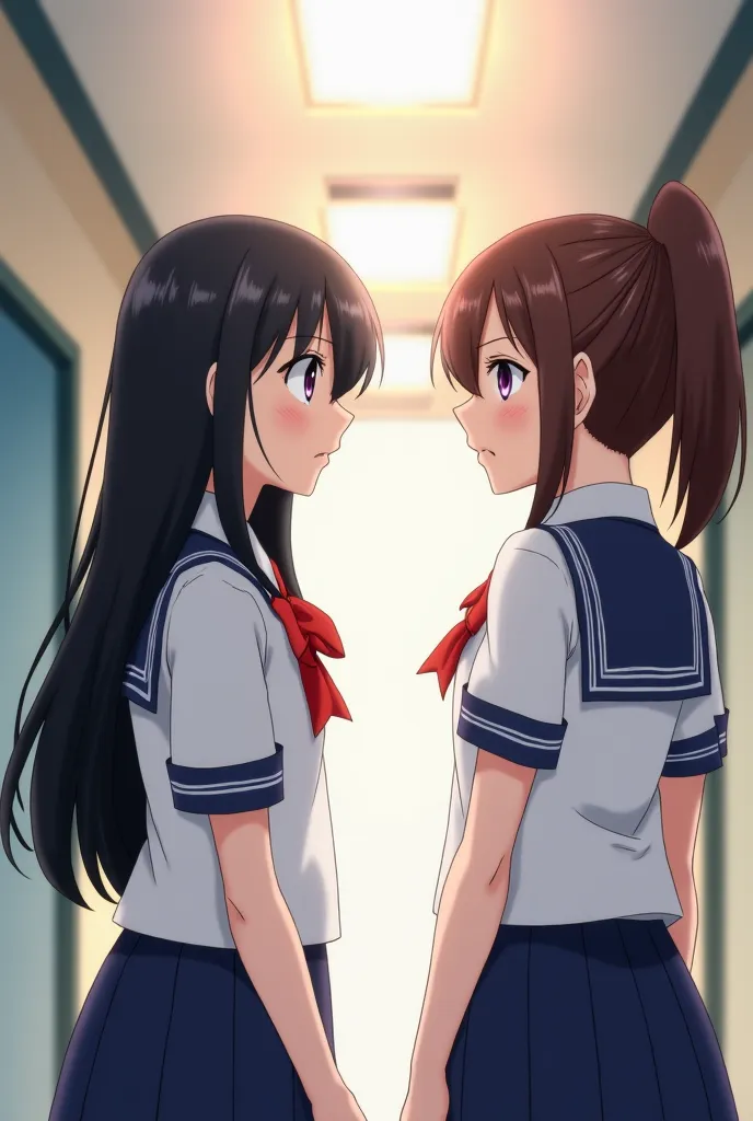 2 anime girls, one with long black hair and purple eyes, other with brown hair in a pony tail, both around , wearing school uniforms, there are in a school hall, black haired girl ignoring her, but the brown haired girl glances at the black haired girl wit...