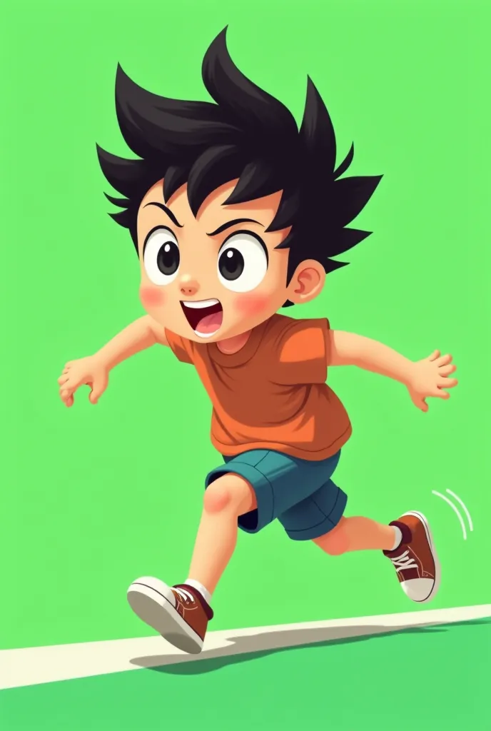 A vector-style boy with exaggerated anime-like features on his face running in orthogonal side view with solid green background 255