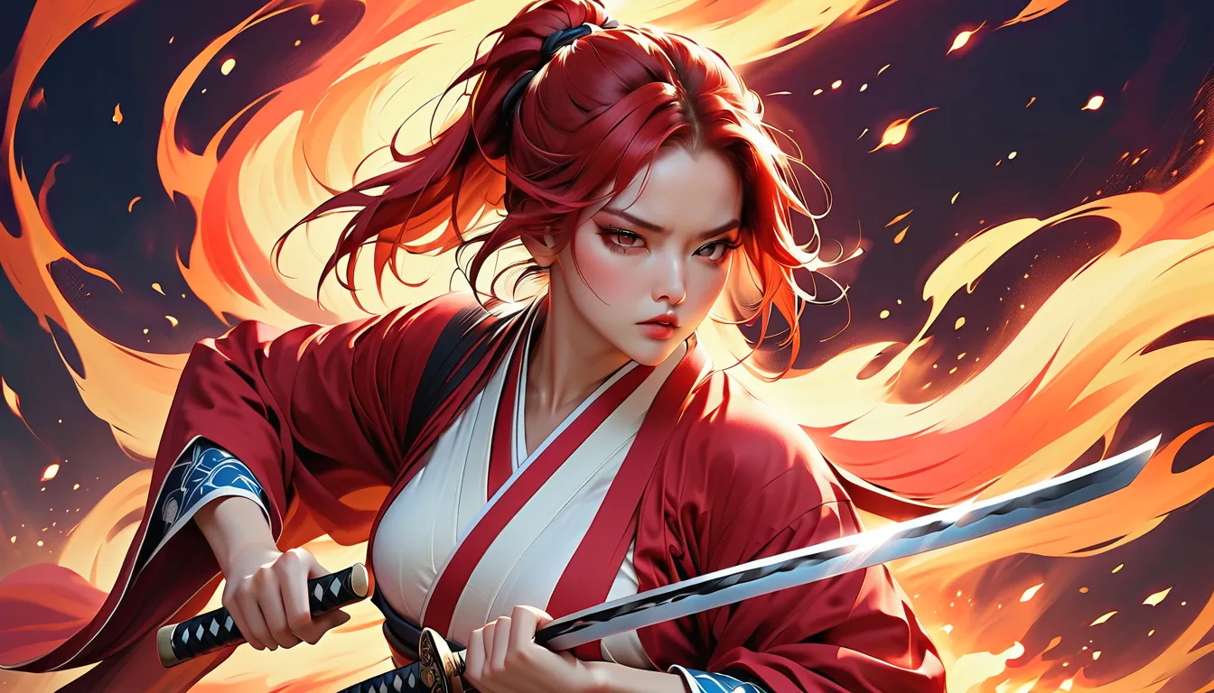 (masterpiece, ultra detailed,best quality,(((SIMPLE BACKGROUND))),Design an amazing poster featuring a female protagonist inspired by Rurouni Kenshin. Capture her burning determination and indomitable spirit as she unleashes her anger in the heat of battle...