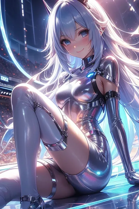 （（（ＳＦＷ、Precision、Highest quality、A first-class masterpiece、Normal body、8k、  Detailed Face 、Ultra-precision、 Normal hand、５refer to、Highest）））、 Beautiful Girl、 Silver Hair、 slender、Cyber Ready、 Hi-leg Pitch Reciber Suit、Hi-leg Pitch Reciber Bondage 、Super mi...