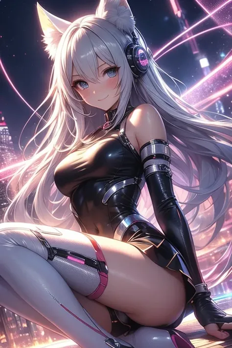 （（（ＳＦＷ、Precision、Highest quality、A first-class masterpiece、Normal body、8k、  Detailed Face 、Ultra-precision、 Normal hand、５refer to、Highest）））、 Beautiful Girl、 Silver Hair、 slender、Cyber Ready、 Hi-leg Pitch Reciber Suit、Hi-leg Pitch Reciber Bondage 、Super mi...