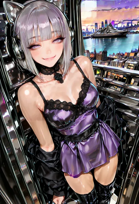 ( Super Flats , flat shading, flat color:1.1), (1girl), (very beautiful gothic jirai girl), (beautiful face:1.2), ( Perfect symmetrical Face), (beautiful silver bobcut hair), bangs, hair is unkempt, (Deep purple eyes, Strong eye emphasis, beautiful eyelash...