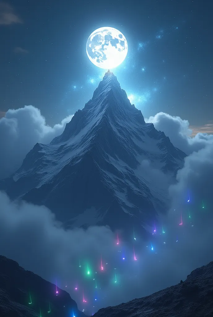 Moon singing at the top of the mountain, surrounded by bright lights and echoes of colors emerging from a dark fog.