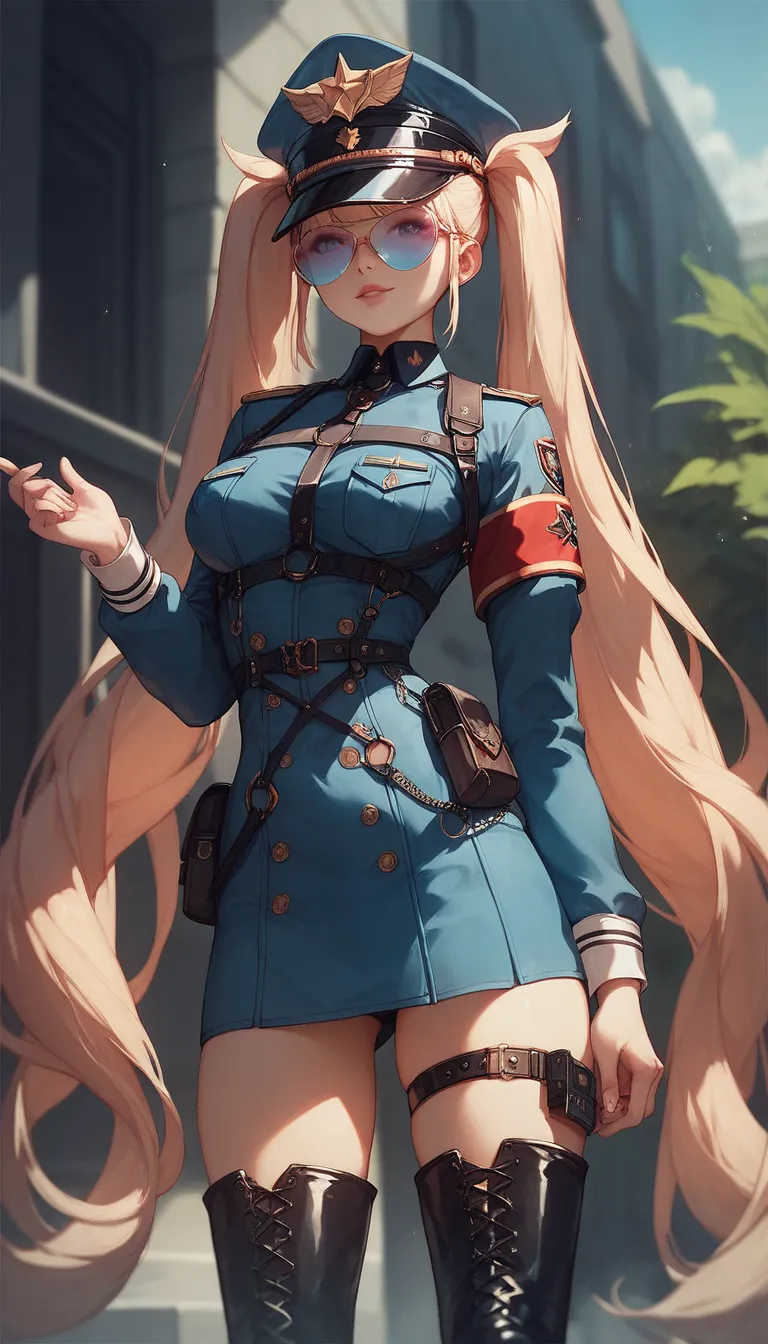 masterpiece, best quality, hidden hair, Alone,  Privacy Protection , Twin Tails, very long hair, Peaked Cap, uniform, harness, thigh strap,  black thigh boots