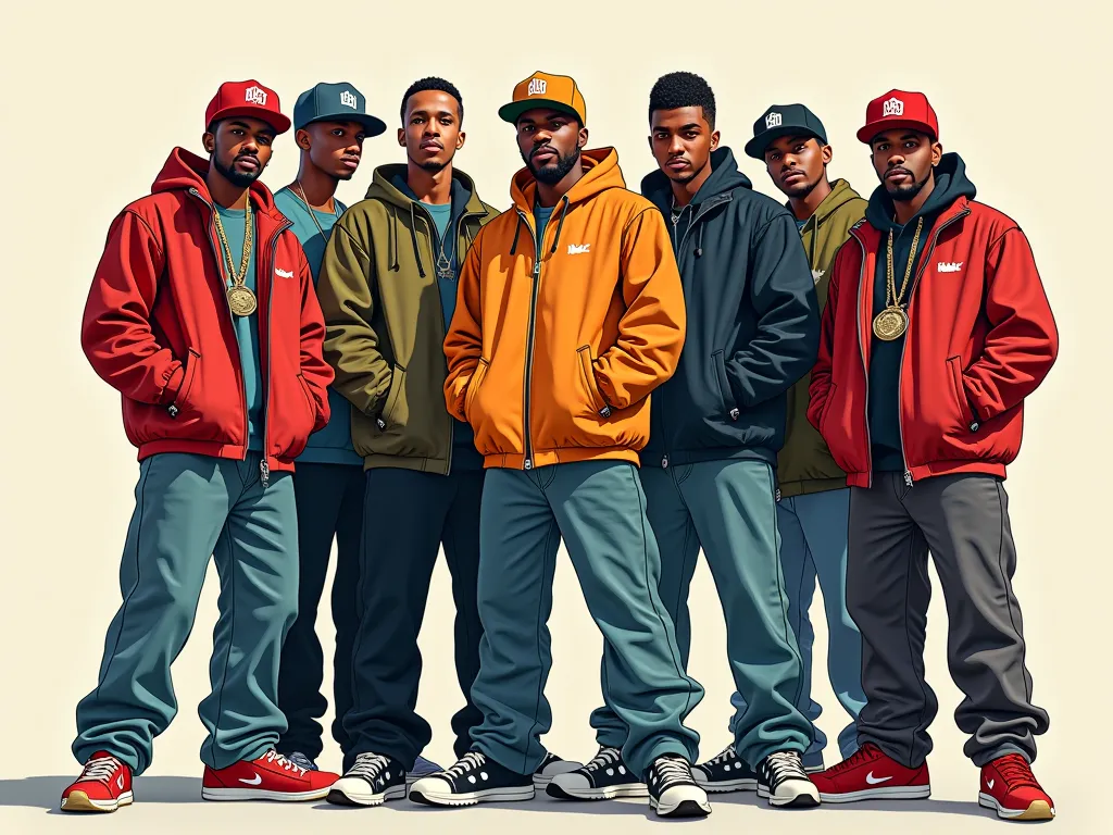 Illustration of Rappers and Rappers, wearing classic Ecko-style wide clothing and busses posing for an album cover, Making a rude face, with different poses and colors, Calicature style of the 90's Bronx
