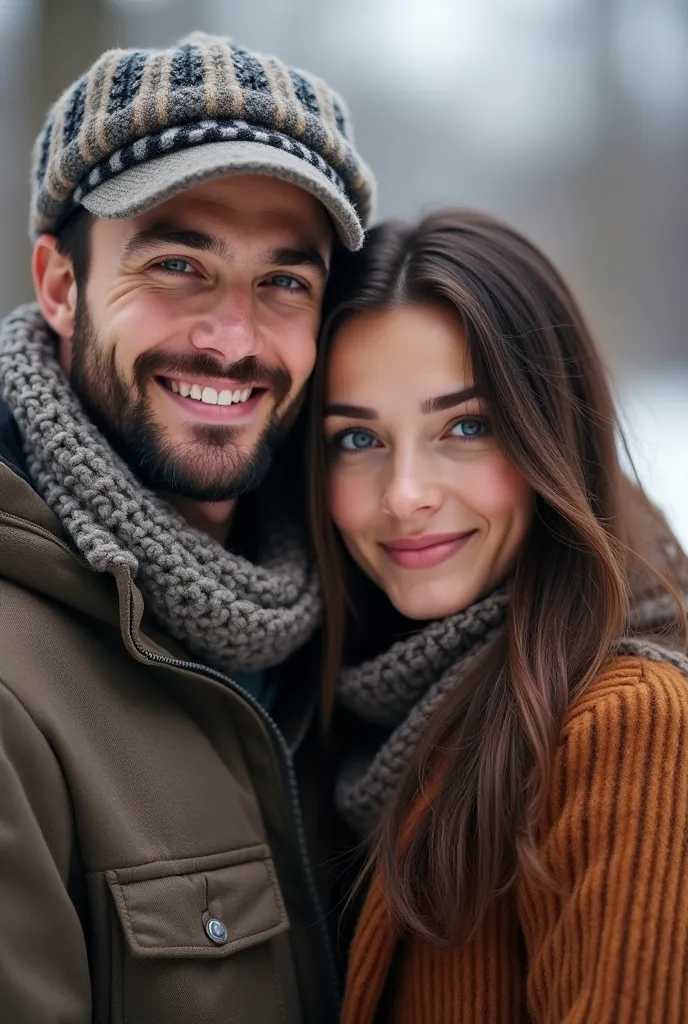 CREATE A COUPLE WHERE THE MAN IS BROWN, thin beard, brown skin, WITH CAP AND COLD CLOTHES, AND THE WOMAN IS A BRUNETTE, long straight hair, large breasts , blue eyes, ARE THEY WEARING COLD CLOTHES, The image is a bit far away. THEIR SKIN IS BROWN, AND THEY...