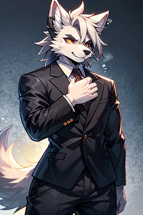 "A tall, handsome gray wolf standing upright with human-like characteristics, dressed in smart casual attire. The wolf has a balanced, very muscular physique, exuding confidence and authority. His silvery-gray fur has subtle dark and light accents, neatly ...