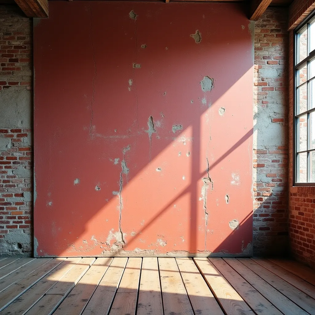 "A large, distressed wall with a mix of faded redplaster and exposed bricks, creating an old warehouse vibe. The wooden planks on the floor are slightly rough and uneven, adding character. Sunlight streams in from an unseen window, casting soft shadows acr...