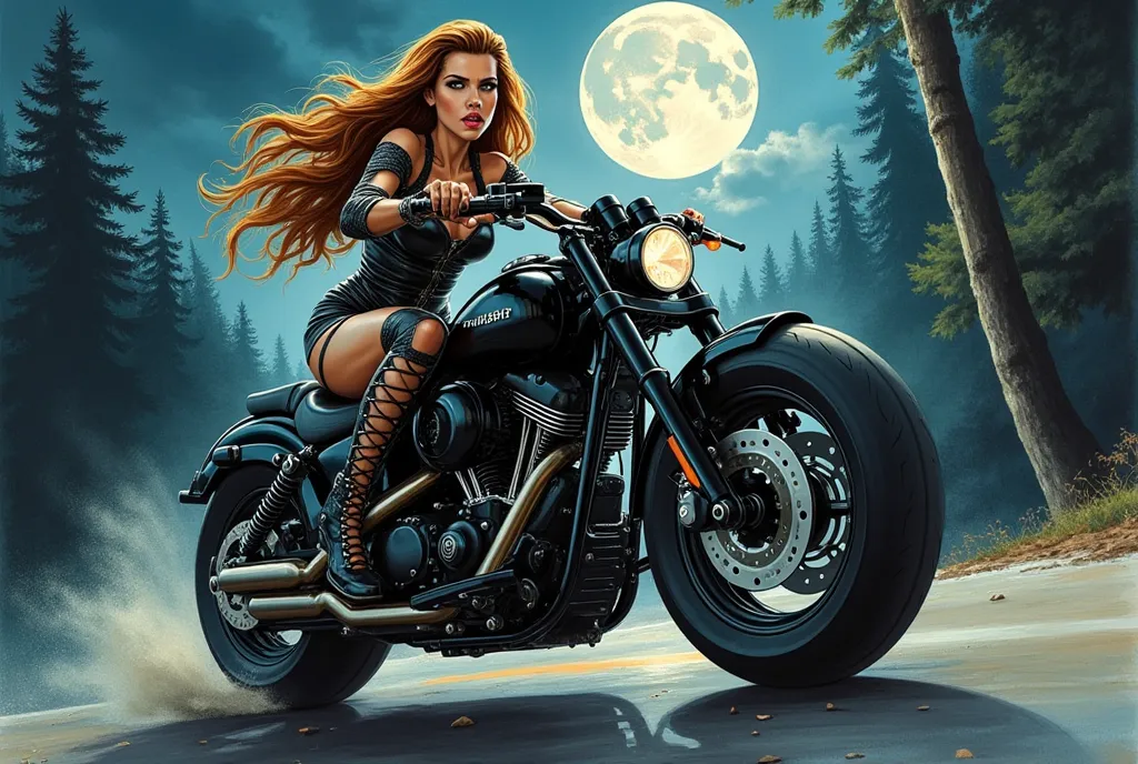 (FULL FOCUS ❗)Full body. Watercolor painting (drawing) of an adult woman (riding a crazy motorcycle with big wheels ❗), pin-up girl pose, expressive, girl, pin-up girl pose, big brown eyes, Disney eyes,high quality acrylic painting (professionally done) of...