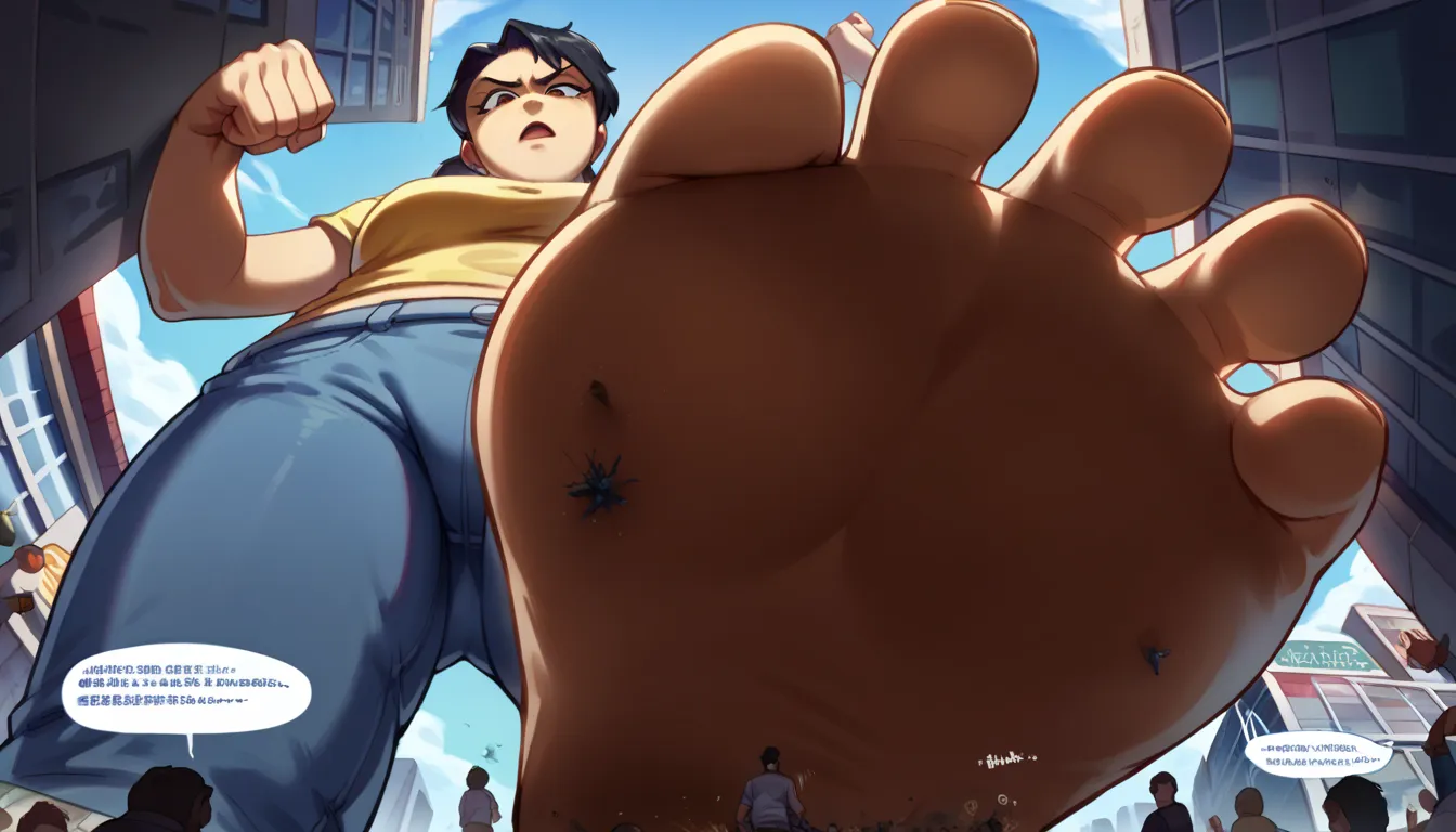 score_9, score_8_up, score_7_up, source_anime, BREAK pov: under giantess,Dark skin tone, black hair,jeans,Yellow lion shirt ,Ponytail hair,from below,Text: GigaTeam,destroyed,car, stomp,soles,Destroying,city,cara,tiny people,panic,crowd