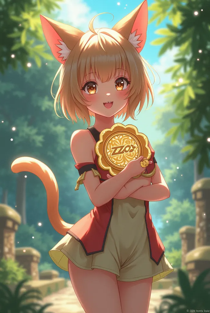 anime cat girl，Holding the zoo logo on the hand