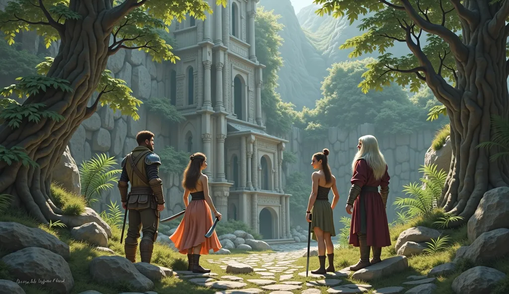  fantasy、A young male warrior, a witch, a young female warrior, and a wizard of yesteryear are surprised to find large old ruins during an adventure deep in the forest。count４people