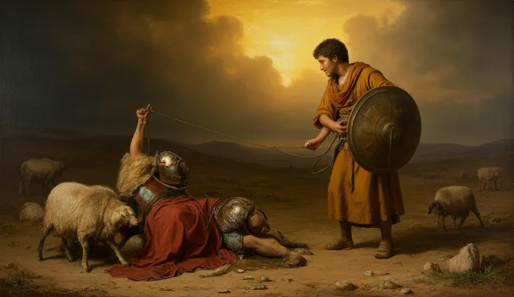 "Baroque oil painting in Rembrandt's style, depicting the climactic moment of **David and Goliath**.  
- **David**: Young shepherd in a simple ochre tunic (#CC7722), holding a leather sling and stone, his face illuminated by golden celestial light (#FFD700...