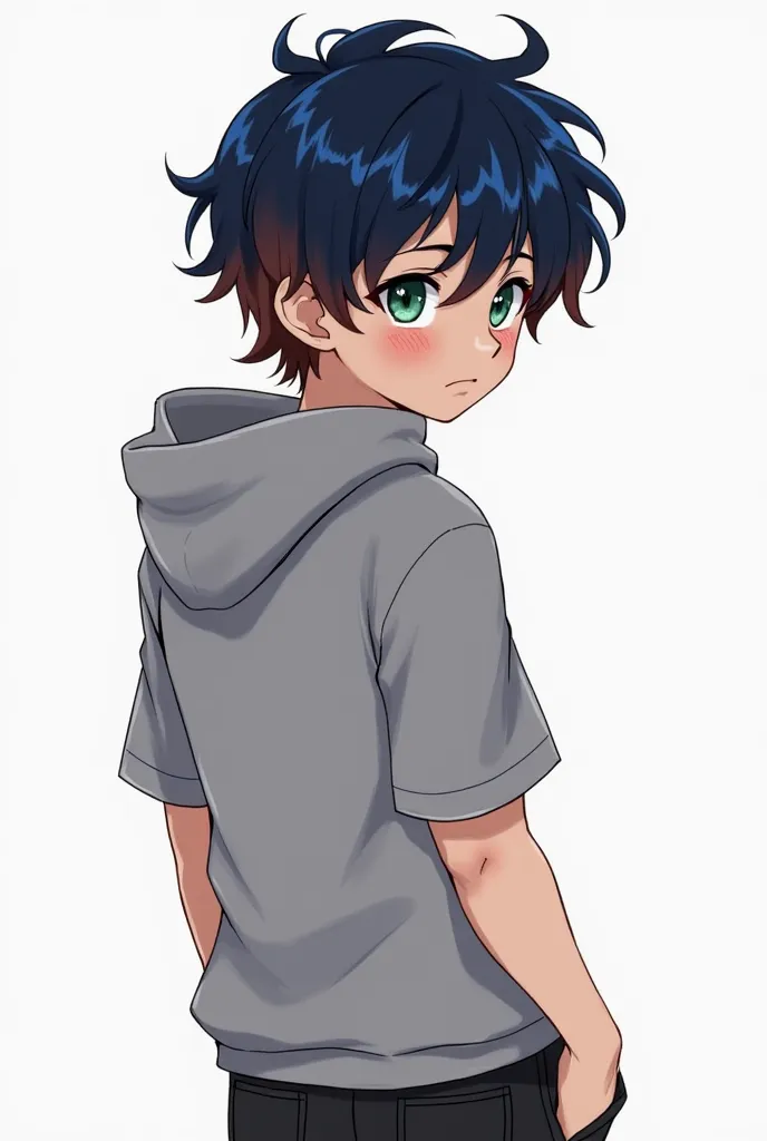 Blue-ish short black hair,the back has metal-like blue streaks,half of the front hair is dyed into a brown-ish red colour,it’s messy in a cute way and weavy.Right eye is mint green,left eye is dark gray-ish blue. Skin colour is wheat,some barely-visible fr...