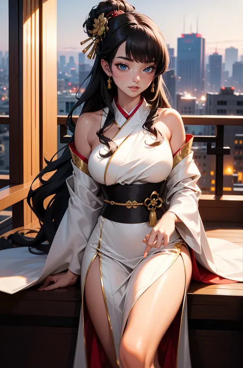 "A stunning woman in a sleek, form-fitting satin dress with a thigh-high slit, elegantly posing on a luxurious rooftop lounge at sunset. Her long wavy hair flows gently in the evening breeze, and she gazes confidently at the skyline. Soft golden lighting e...